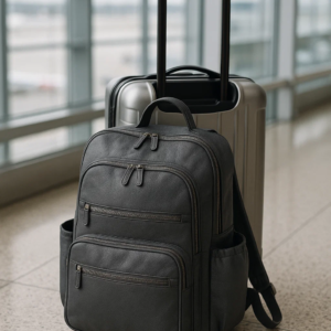 a leather diaper backpack placed with travel suitcase