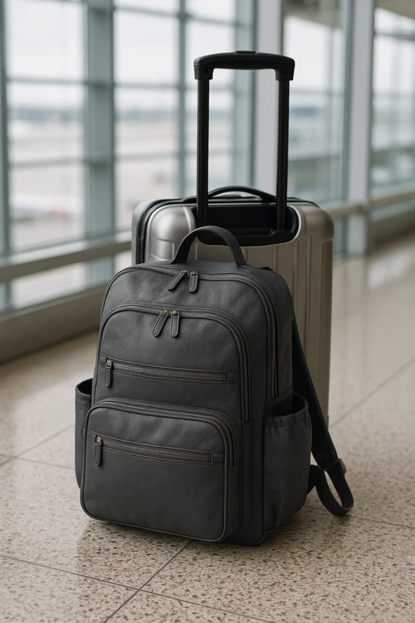 a leather diaper backpack placed with travel suitcase