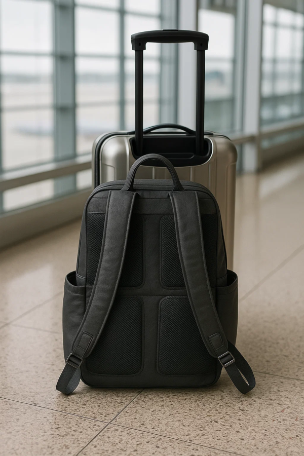 backside of the leather diaper backpack placed with travel suitcase