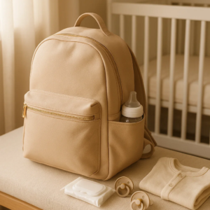 a diaper leather bag with accessories near a cart