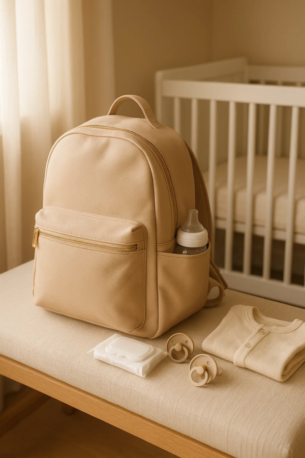 a diaper leather bag with accessories near a cart