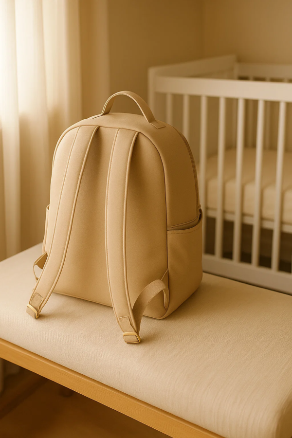 backside of the a diaper leather bag near a cart