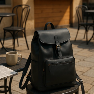 a black leather convertible backpack on a chair