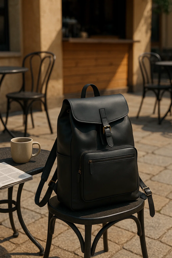 a black leather convertible backpack on a chair