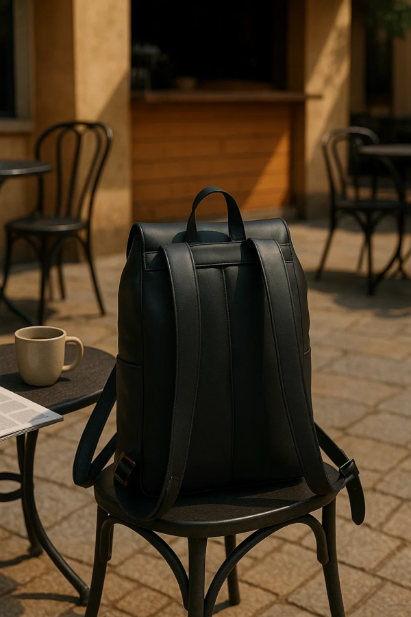 backside of the a black leather convertible backpack on a chair