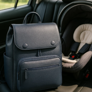 blue leather diaper backpack on a car seat