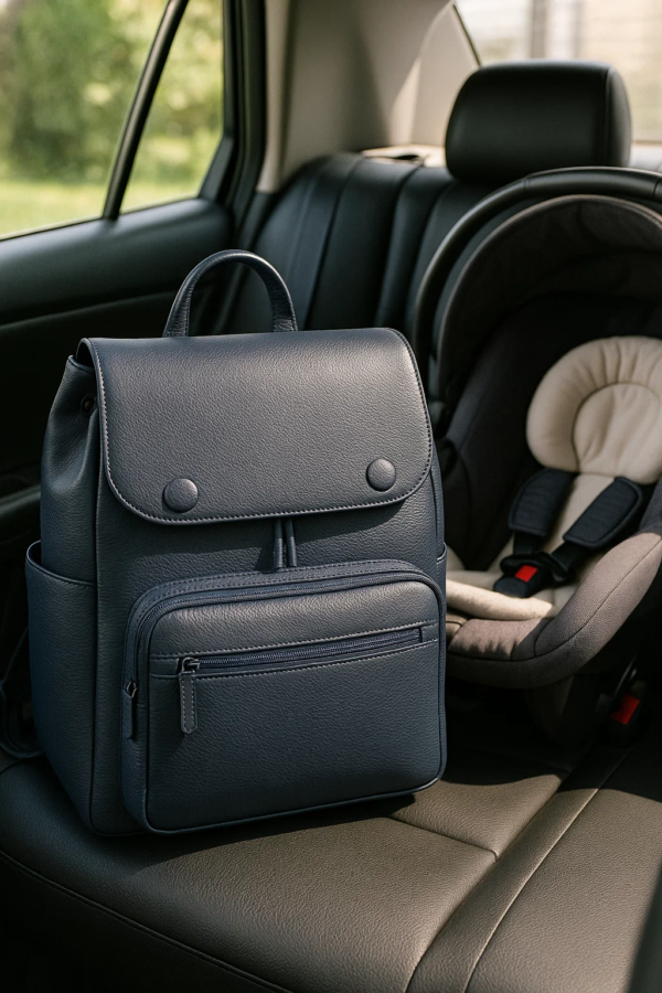 blue leather diaper backpack on a car seat