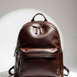 brown leather vegan backpack placed on the floor
