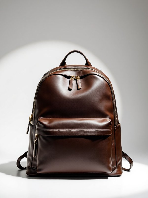 brown leather vegan backpack placed on the floor