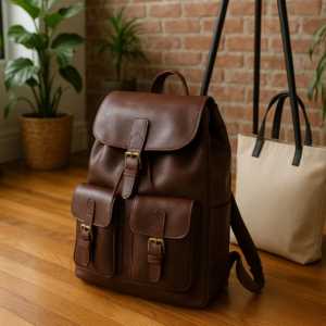 a brown leather convertible backpack on a floor