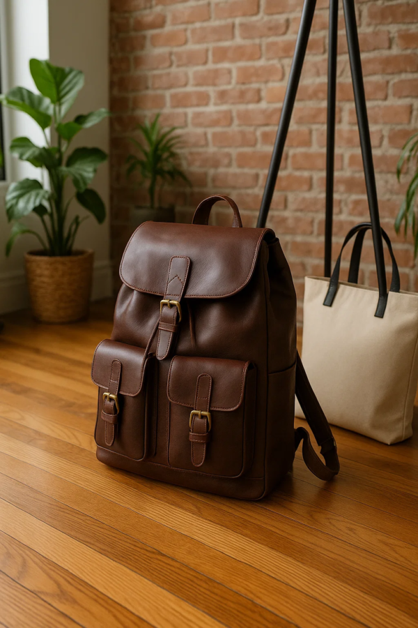 a brown leather convertible backpack on a floor