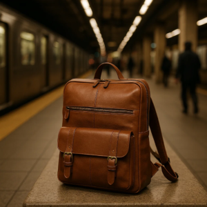 a brown backpack placed on a table near subway