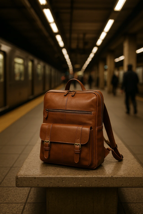 a brown backpack placed on a table near subway
