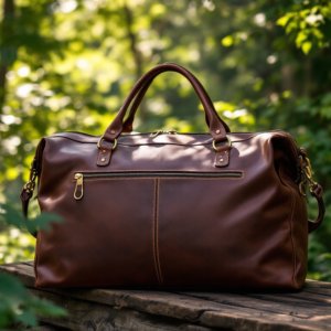 brown leather duffle bag on a wooden sitting