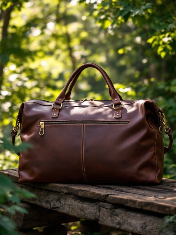 brown leather duffle bag on a wooden sitting
