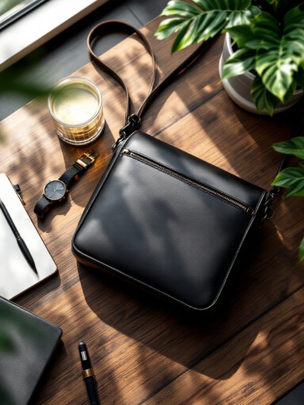 black crossbody bag laid on a wooden table