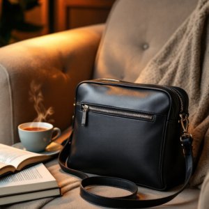 black crossbody bag with a zipper placed on a chair