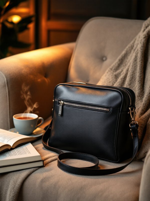 black crossbody bag with a zipper placed on a chair