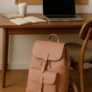 a convertible backpack placed below the working table