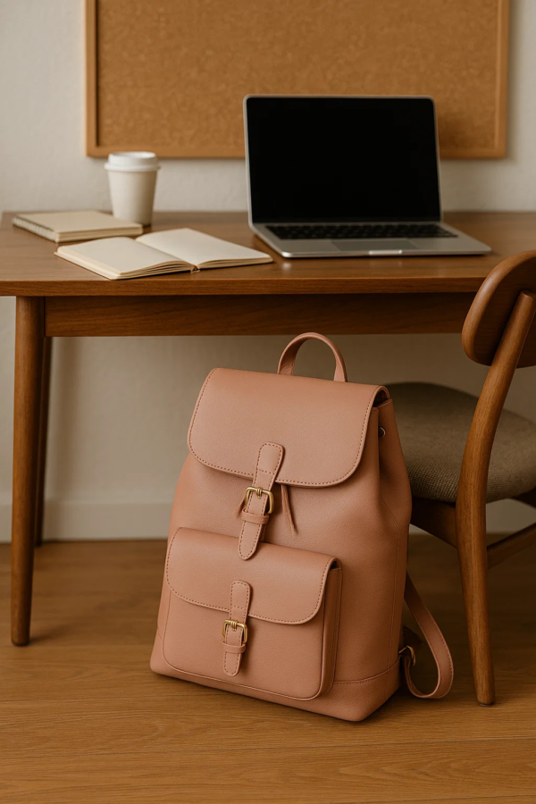a convertible backpack placed below the working table