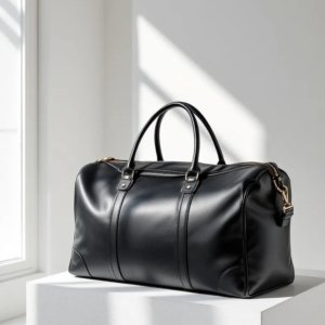 black leather bag in duffle style on a table