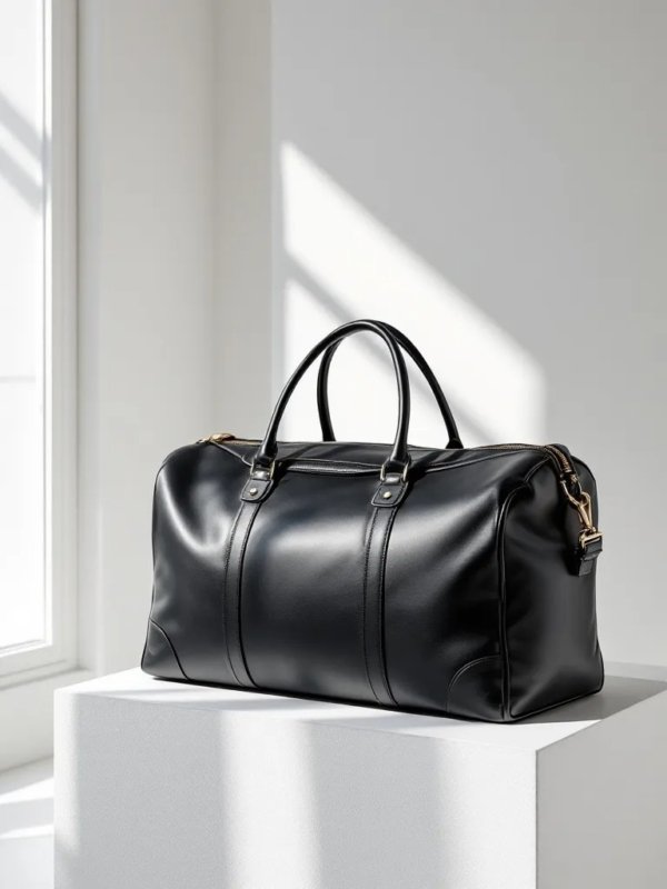 black leather bag in duffle style on a table