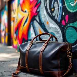 black duffle bag with brown straps on the floor