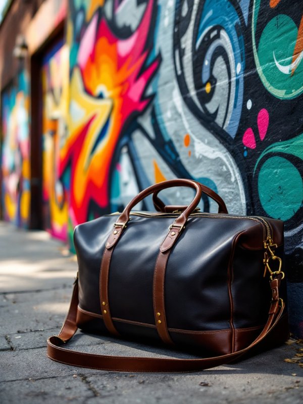 black duffle bag with brown straps on the floor
