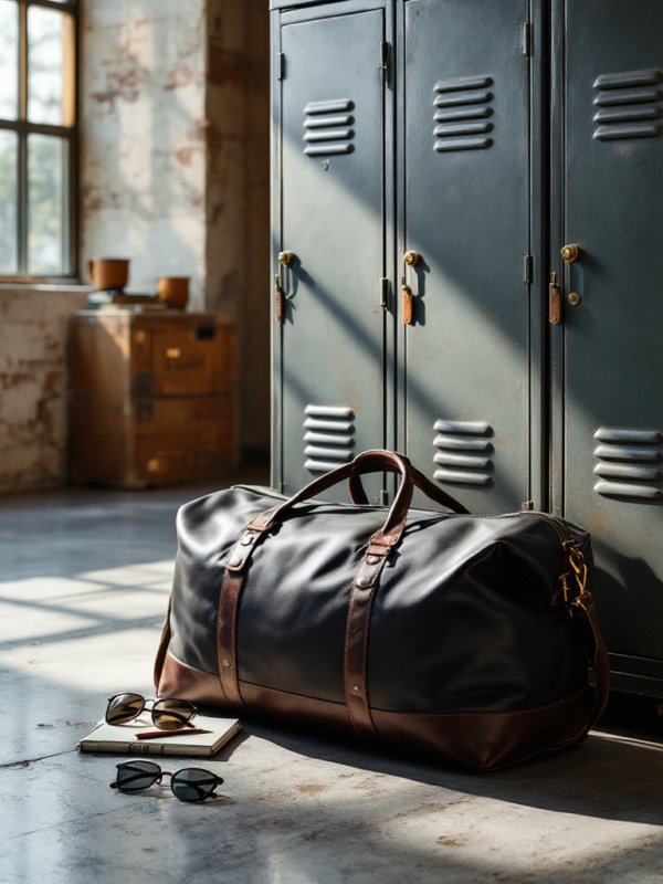 black duffle bag with brown straps