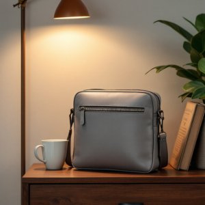 silver toned crossbody leather bag with zipper