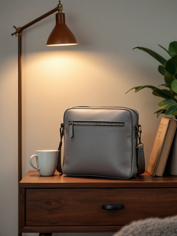 silver toned crossbody leather bag with zipper
