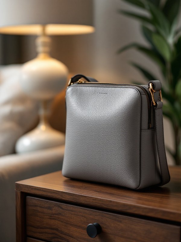 silver crossbody leather bag on a table