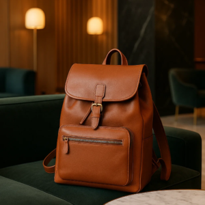 a brown leather convertible backpack on sofa indoor