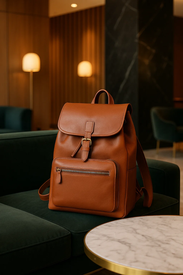 a brown leather convertible backpack on sofa indoor