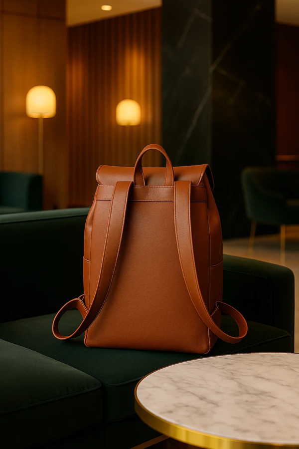 backview of a brown leather convertible backpack on sofa with back stripes