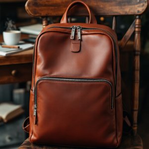 brown leather backpack on a wooden chair