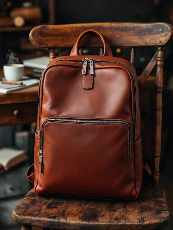 brown leather backpack on a wooden chair
