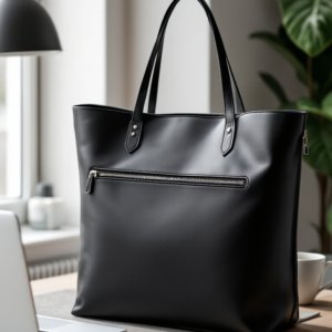 black tote bag in leather with front zipper