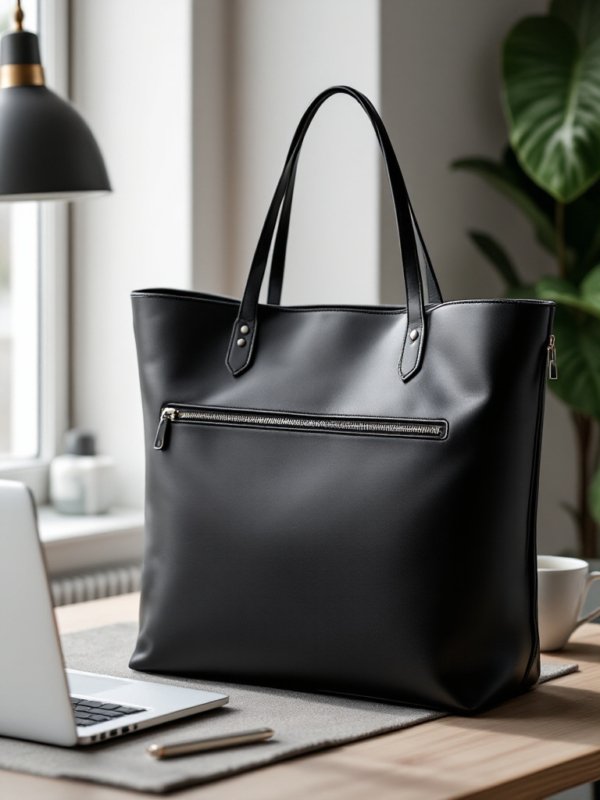black tote bag in leather with front zipper
