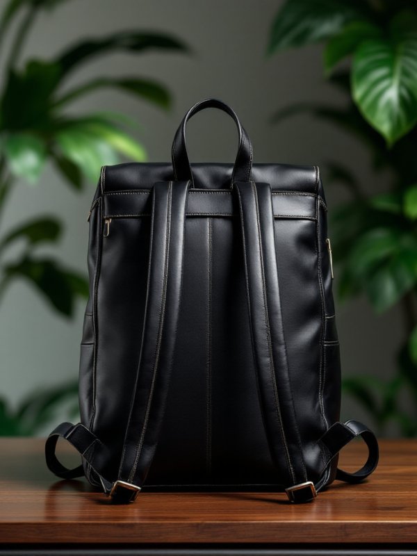 backside of the black leather backpack