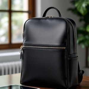 Black Leather Bagpack Front View