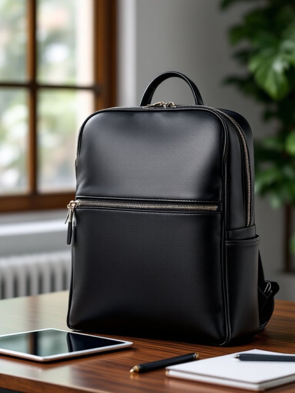 Black Leather Bagpack Front View