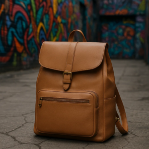a brown convertible leather backpack near graffiti wall