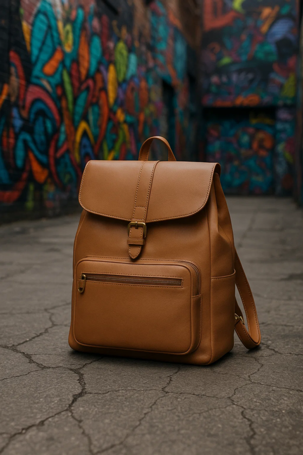 a brown convertible leather backpack near graffiti wall
