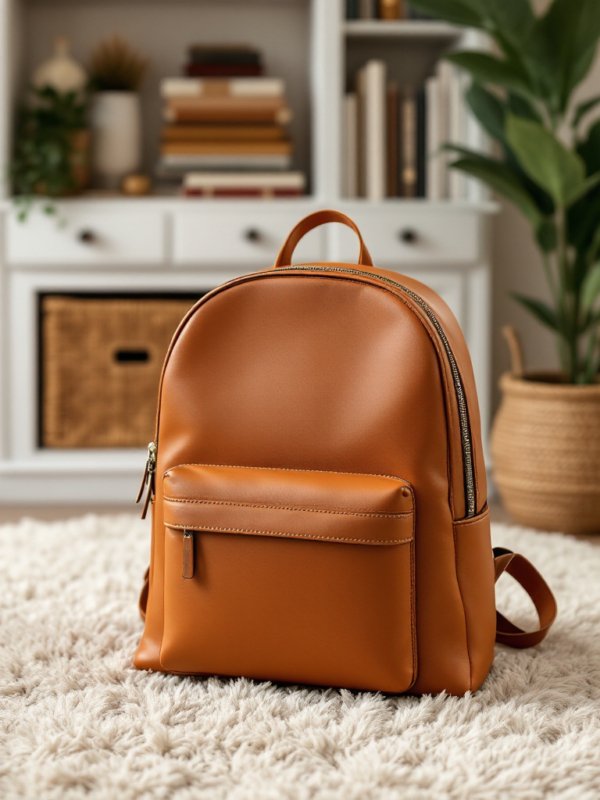 brown vegan leather backpack with front pocket