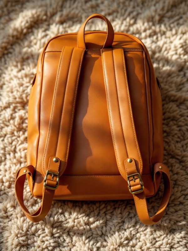backside of the brown vegan leather backpack
