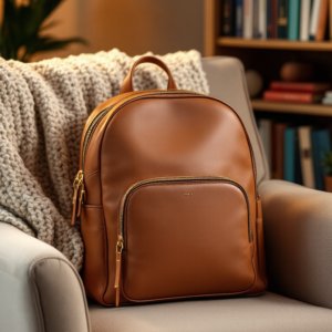 brown mini backpack in leather placed on the chair