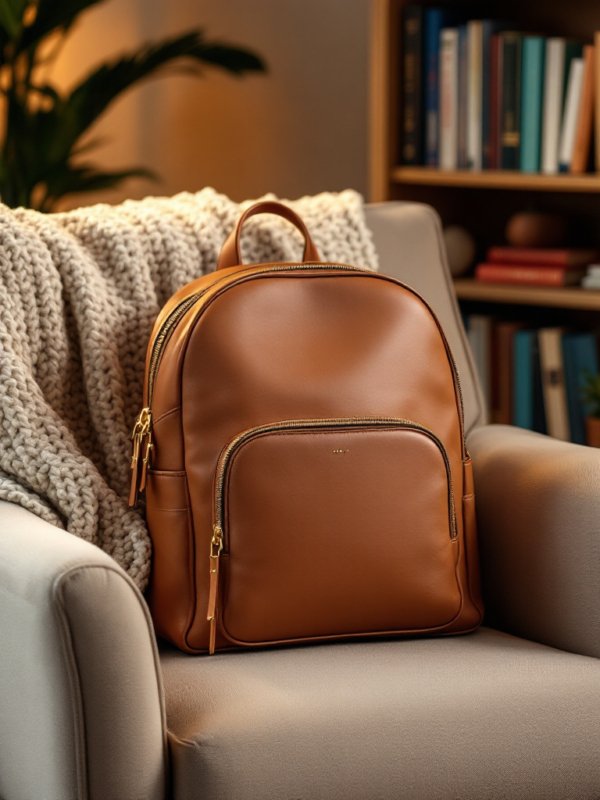 brown mini backpack in leather placed on the chair