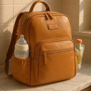leather diaper backpack with baby accessories