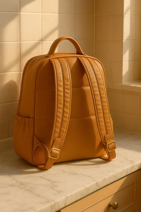 leather diaper backpack placed on a shelf
